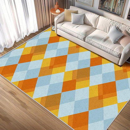 Washable 4x4 Diamond Rug Living Room, Geometric Orange and Blue Plaid Design Area Rugs for Bedroom, Diamond Home Decor Carpet, Low Pile, Non Slip, Kids & Pet Friendly (N4137)