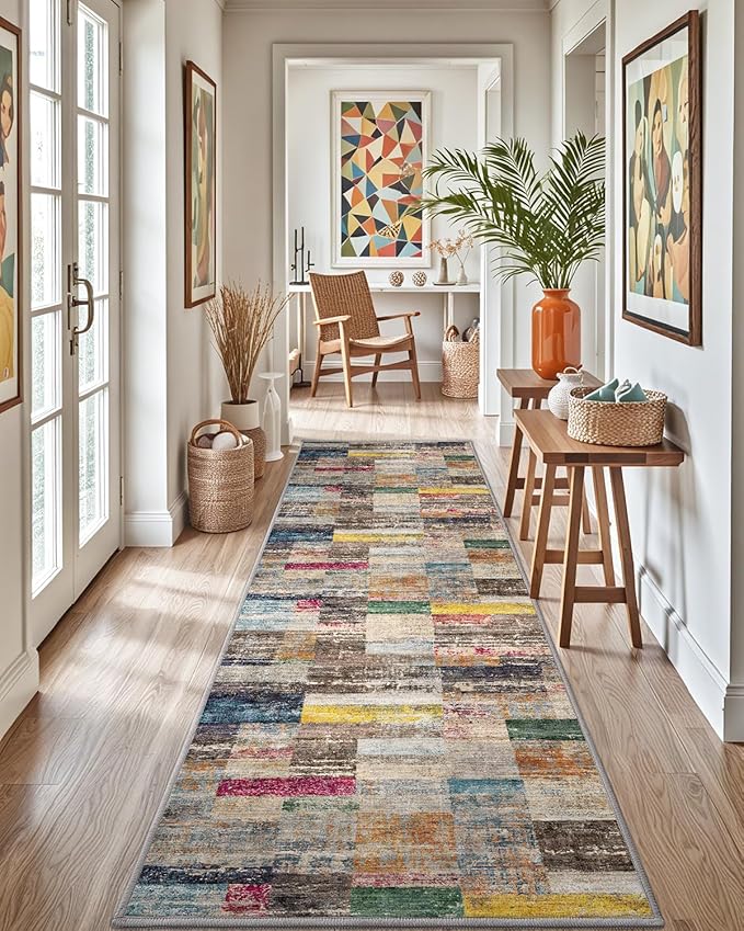 LUMI Washable Runner Rug, 3'x8' Non-Slip Hallway Mat, Low Profile Thin Long Carpeet for Laundry Kitchen Bedroom Office, Multicolor