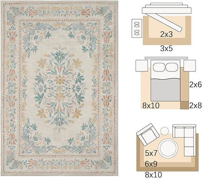 jinchan Spring Floral 2x3 Rugs for Entryway - Vintage Washable Area Rug Ultra-Thin Low Pile Soft Small Non Slip Distressed Indoor Doormat Accent for Entrance Kitchen Bedroom (2x3ft, Apricot Multi)