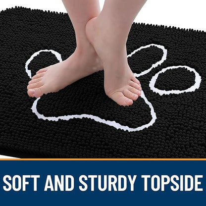 OLANLY Dog Door Mat for Muddy Paws 36x24, Paw Print Design, Absorbs Moisture and Dirt, Absorbent Non-Slip Washable Doormat, Quick Dry Chenille Mud Mat for Dogs, Entry Indoor Entryway Carpet, Black