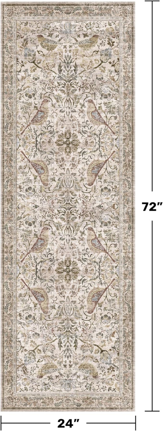 Vintage Floral Bedside Rug for Bedroom, 2x6 Washable Runner Rugs for Kitchen, Entryway, Hallway, Non Slip Moss Bathroom Carpet, Traditional Home Décor with Bird Pattern (Moss)