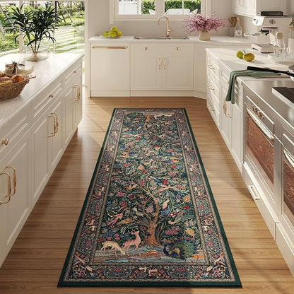 Rugcomf Runner Rug Vibrant Tree of Life-Patterned Vintage Kitchen Rugs Non Slip Washable Soft Carpet Runner for Laundry Bedroom Bathroom, Green