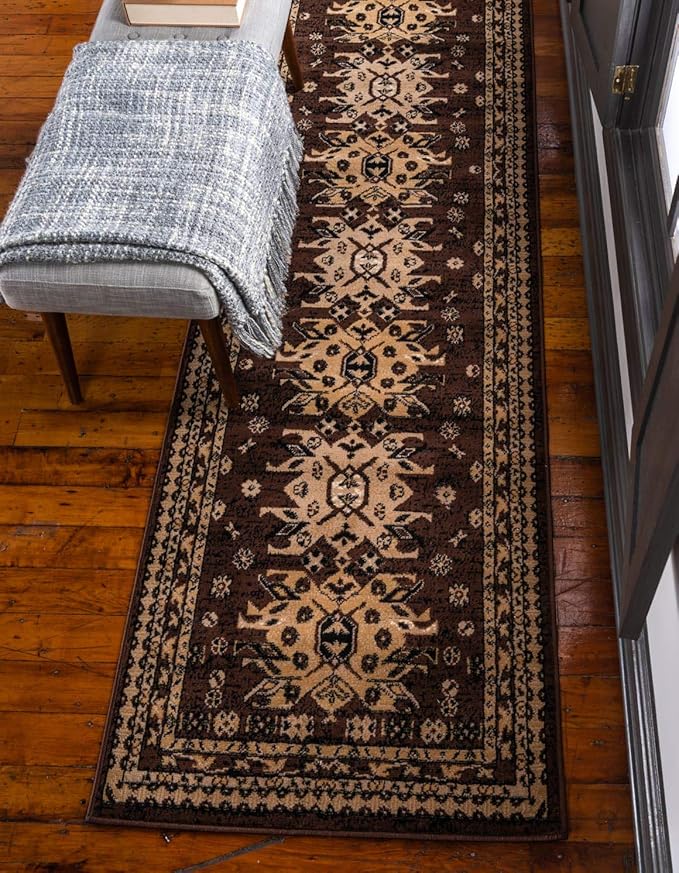 Unique Loom Taftan Collection Border Geometric Tribal Inspired Design Area Rug (3' 0 x 16' 5 Runner, Brown/ Tan)