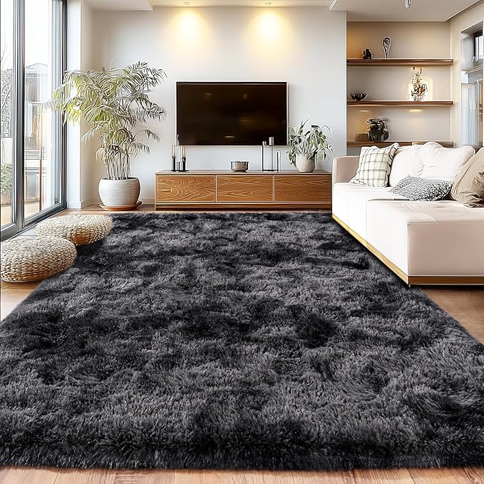 Shaggy Soft Fluffy Rug Non-Slip Indoor Floor Carpet for Living Room Anti-Skid Indoor Carpet Tie-Dyed Black Grey 5x7 Feet
