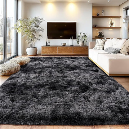 Tie-Dyed Black Grey Shaggy Rugs Fluffy Carpets, Indoor Modern Plush Area Rugs for Living Room, Upgrade Anti-Skid Area Rug, Rectangular 9x12 Feet Fuzzy Rug for Nursery Home Decor