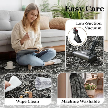 Charcoal Black 2x6 Runner Rug for Hallways Entryway, Vintage Earth Tone Kitchen Bathroom Runner 6ft, Non Slip Washable Low Pile Thin Carpet Runner for Mudroom/Laundry Room/Bedroom Bedside