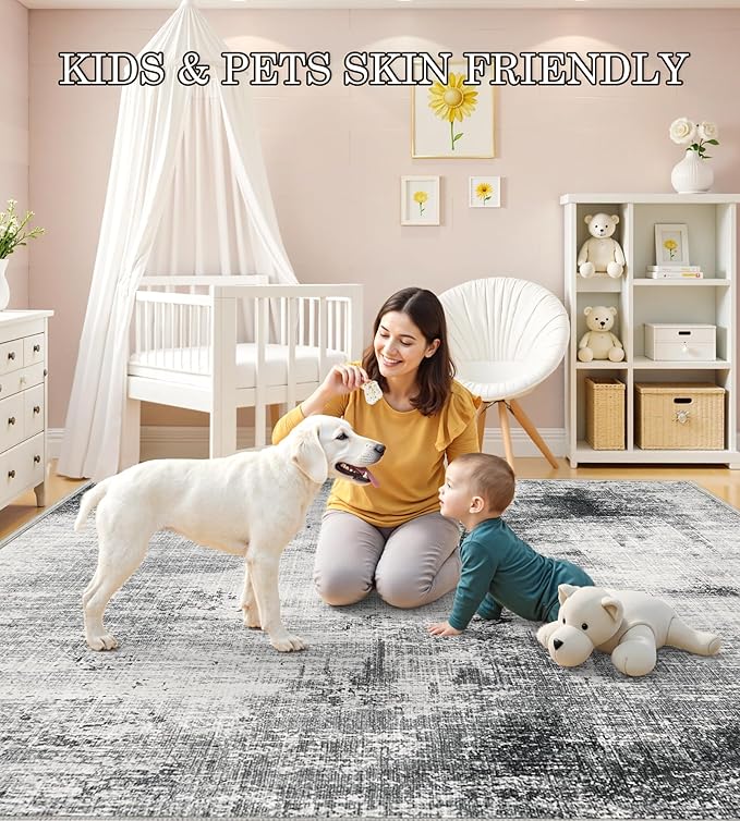 7x9 Washable Area Rugs - Modern Abstract Rugs for Living Room Non-Slip Low Pile Soft Machine Washable Carpet for Bedroom, Dining Room, Nursery, Home Office, Farmhouse (7'x9' Dark Grey)