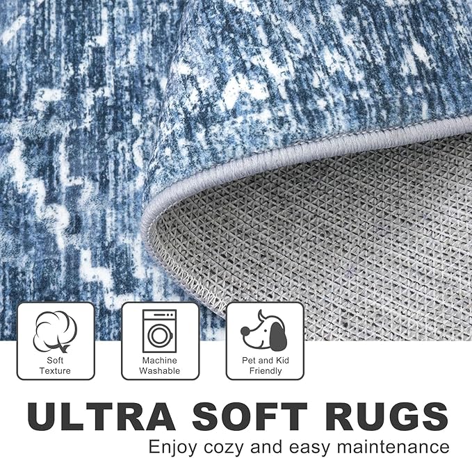KILOCOCO Boho Entryway Rug 3x5 Area Rug Washable Non Slip Printed Throw Rugs Soft for Kitchen Living Room Dining Bedroom Geometric Moroccan Carpet, Stonewashed Blue