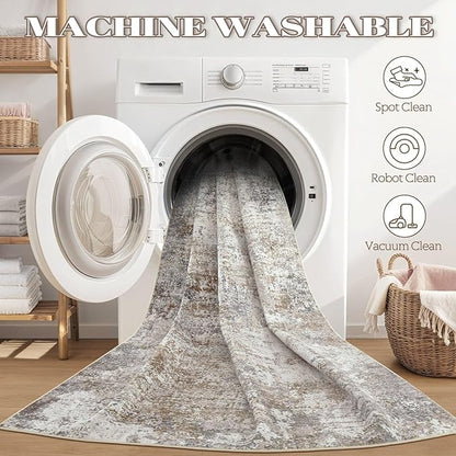 Area Rug Living Room Rugs - 9x12 Washable Large Soft Indoor Neutral Modern Abstract Low Pile Rug Carpet for Bedroom Dining Room Farmhouse Home Office - Brown/Grey/Black