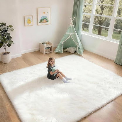 8x10 Solid Fluffy White Area Rug – Washable, Durable, Extra Large Living Room Rug, Non-Slip High Pile Shag Rugs for Bedroom, Playroom, Nursery Rooms, Kids Room, Soft Indoor Floor Carpet Decor