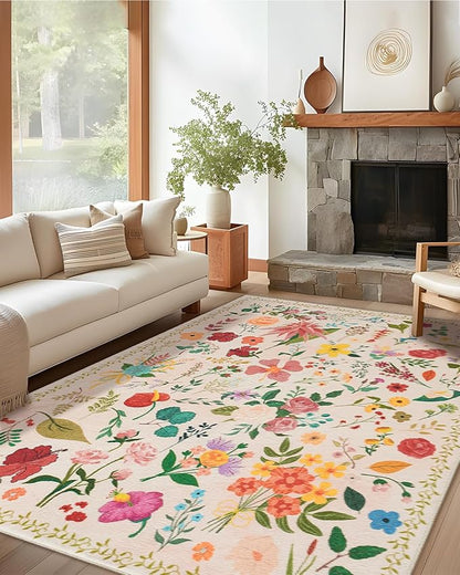 Boho Washable Area Rug 5x7 – Floral Low Pile Non-Slip Carpet for Living Room, Bedroom, Office, Playroom, Entryway, Kitchen, Dining Room (Beige)
