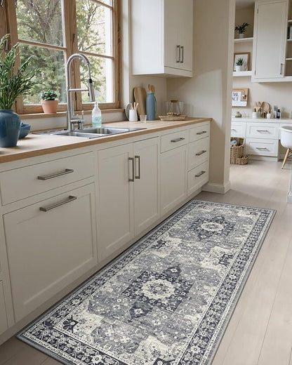 DEXI Hallway Runner Rug 3x7, Distressed Non Slip Runners Carpet, Boho Vintage Soft Thin Indoor Rug, Stain Resistant Washable Entry Mat for Entryway Kitchen Laundry Room Living Room, Blue Grey