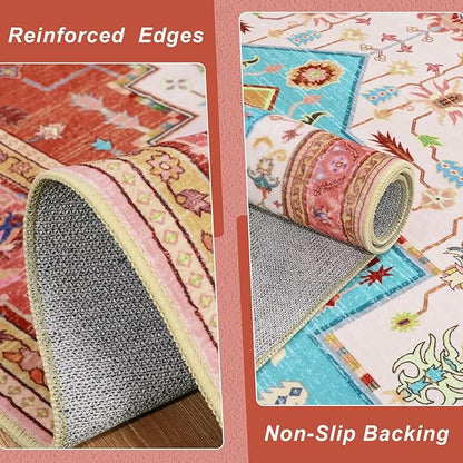 5x7 Orange Pink Area Rug for Living Room, Machine Washable Rugs with Non-Slip Backing for Bedroom, Vintage Medallion Carpet Dining Room Office Kids Room Decor