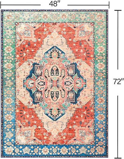 YJ.GWL Area Rugs for Living Room 4x6 Machine Washable Rugs for Bedroom, Non Slip Floral Vintage Rug Indoor Carpet, Stain Resistant Throw Rug for Dining Room Kitchen, Red Blue Gradient Color