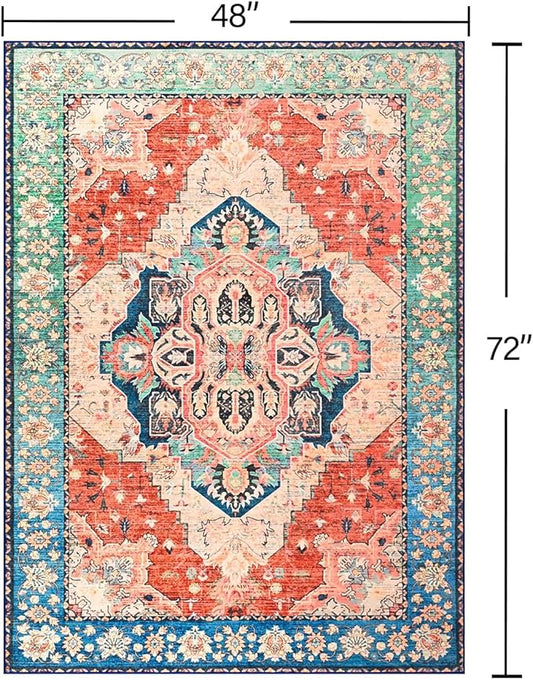 YJ.GWL Area Rugs for Living Room 4x6 Machine Washable Rugs for Bedroom, Non Slip Floral Vintage Rug Indoor Carpet, Stain Resistant Throw Rug for Dining Room Kitchen, Red Blue Gradient Color