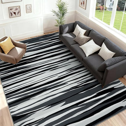 YIHOUSE 8×10 Ft Area Rugs for Living Room: Modern Abstract Black Grey and White Rug - Nonslip Washable Striped Rug for Bedroom Dining Room Office Playroom Nursery Home Decor