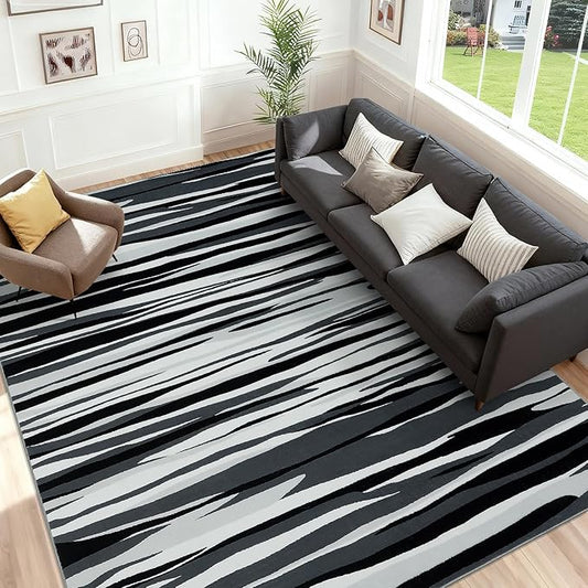 YIHOUSE 8×10 Ft Area Rugs for Living Room: Modern Abstract Black Grey and White Rug - Nonslip Washable Striped Rug for Bedroom Dining Room Office Playroom Nursery Home Decor