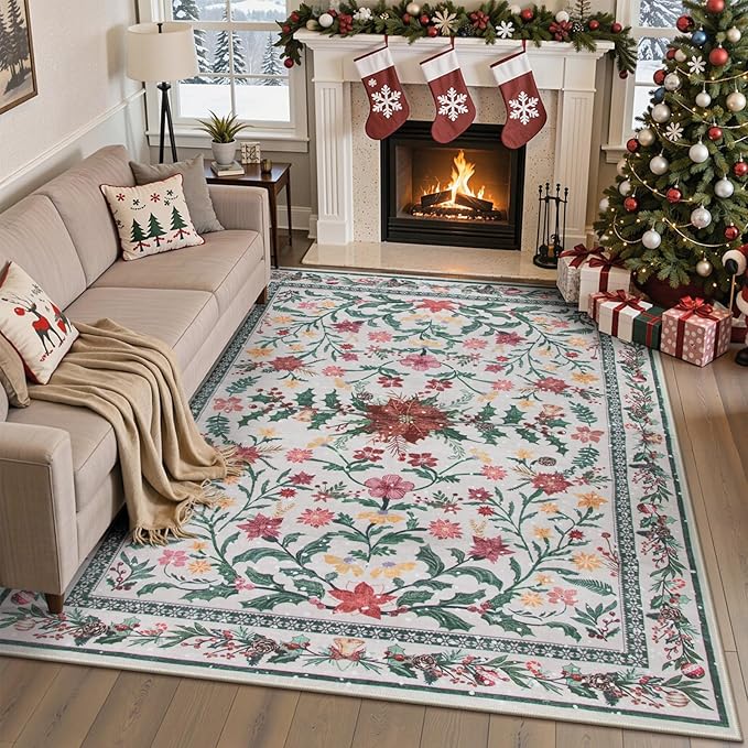 Wonnitar Christmas Rugs for Living Room, Christmas Decor 5x7 Washable Area Rug, Ultra-Thin Red Floral Holly Print Holiday Xmas Decor Non Slip Winter Carpet for Kids Room Bedroom Dining Room
