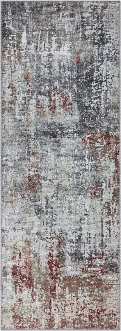 Bloom Rugs Washable Non-Slip 12 ft Runner - Gray/Red/Brown Modern Abstract Runner for Entryway, Hallway, Bathroom, and Kitchen - Exact Size: 2.5' x 12'
