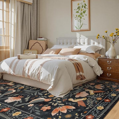 Moynesa Black Washable 8x10 Area Rugs for Living Room Bedroom Dining Room, Modern Transitional Aesthetic Floral Bird Medallion Carpet, Folk Art Home Decor Open Floor Areas Protection Non-Slip