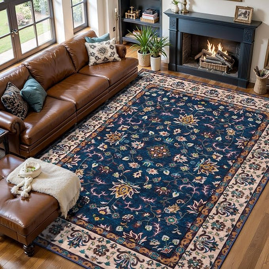 Tangsoo 5x7 Washable Rug, Floral Vintage Large Area Rugs for Living Room, Indoor Non Slip Print Floor Carpet, Soft Low Pile Machine Washable Rug for Bedroom Dining Room Dorm Home Decor Navy Blue