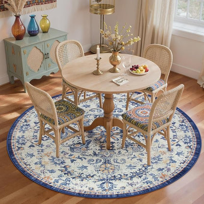 Lahome Bohemian Washable Round Rugs 6ft, Large Circle Rug for Living Room Bedroom, Soft Non-Slip Non-Shedding Loe Pile Printed Indoor Carpet for Kitchen Dining Room Office, Blue Purple/Multi