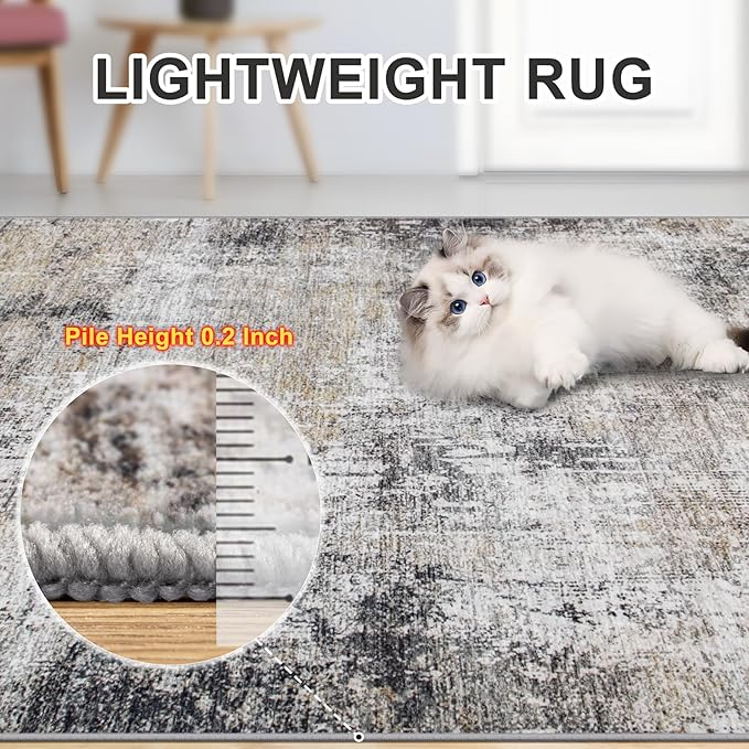 Area Rugs 10x12 Living Room - Washable Rug Modern Abstract Soft Large Neutral Non-Slip Carpet Indoor Floor Thin Carpets for Bedroom Dining Room Farmhouse Nursery Home Office Brown Black Grey