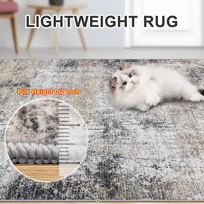 Area Rugs Living Room Rug - 4x6 Washable Modern Abstract Soft Neutral Non-Slip Carpet Large Indoor Floor Thin Carpets for Bedroom Dining Room Farmhouse Nursery Home Office Brown Black Grey