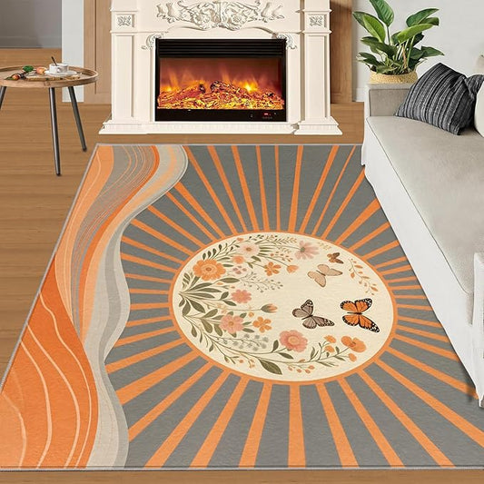 Boho Sun Area Rugs 3x4ft, Minimalist Line Kids Bedroom Rug, Geometric Solar Bedside Rug Durable Non Slip for Cafe Living Room Under Table Boys Room Decor