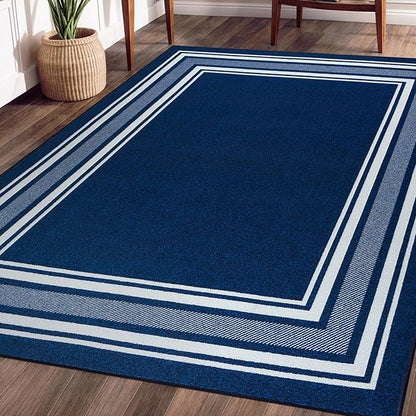 Beverly Rug Non Slip Area Rugs 5x7 Modern Bordered Non Skid Rubber Backing Soft Area Rug for Living Dining Room Easy to Clean Non Shedding Kitchen Bedroom Indoor Carpet 5 x 7 Navy