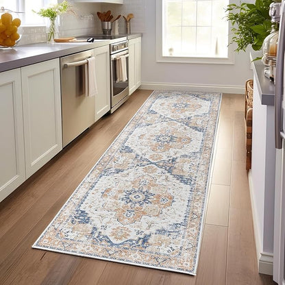 jinchan Runner Rug 3x10 Vintage Hallway Rug Kitchen Washable Runner Retro Floor Cover Lightweight Non-Slip Low Pile Thin Distressed Carpet for Entryway Bathroom Laundry Room Bedroom Stairway Orange