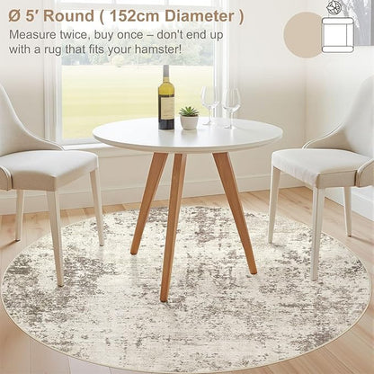 5ft Round Area Rug Living Room Rugs - 5x5 Washable Neutral Modern Abstract Soft Thin Rug Indoor Floor No Slip Rug Carpet for Bedroom Under Dining Table Home Office Decor - Golden Grey