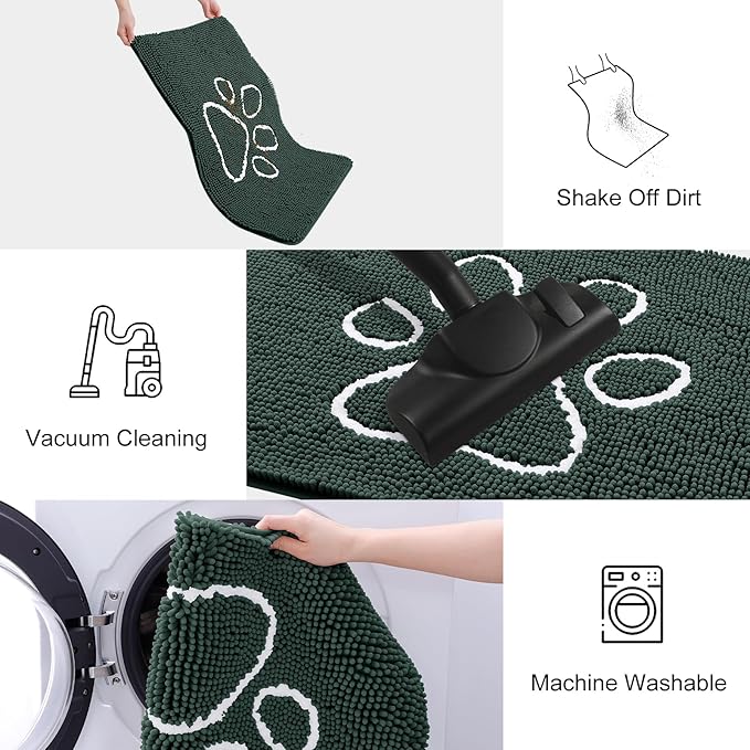 Smiry Dog Door Mat for Muddy Paws, Absorbent Dirt Trapper Non Slip Quick Dry Washable Chenille Mat for Mud Dogs, Entry Rug for Indoor and Outdoor (36x24 Inches, Green and White)