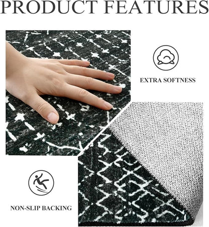 Lahome Moroccan 2x6 Black Runner Rug Non-Slip, Kitchen Rug Runner Washable Non-Skid Hallway, Geometric Print Distressed Carpet for Entryway Laundry