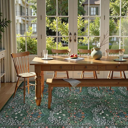 Lahome Floral Washable 6x9 Area Rugs, Soft Green Bedroom Rug for Living Room Ultra-Thin Non Slip Dining Room Rug, Stain Resistant Boho Easy Clean Throw Carpet for Office, Dark Green
