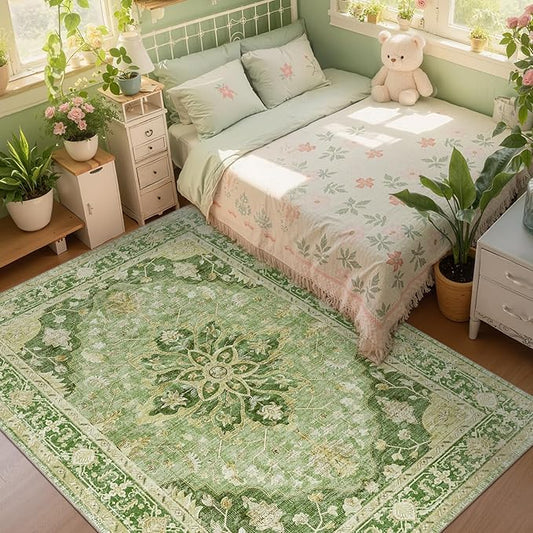 Area Rugs 6'x9' Washable Non-Slip, Floral Vintage Distress Print Pattern Medallion Carpet for Living Room Bedroom Dining Room, Sage Green Yellow