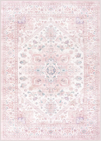 LIVEBOX Pink Washable Area Rug 5x7 - Large Vintage Tribal Living Room Non-Slip Indoor Carpet for Bedroom, Low-Pile Retro Print Distressed Accent for Nursery Dorm Home Decor