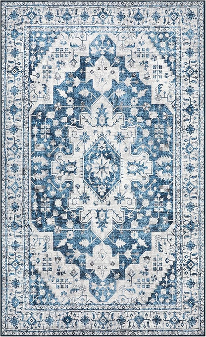 Moynesa Ultra-Thin Washable Vintage Area Rug - 4x6 Living Room Rug for Bedroom Office, Low Pile Non Slip Oriental Laundry Bathroom Mat Indoor Floor Carpet for Entrance Kitchen Mudroom