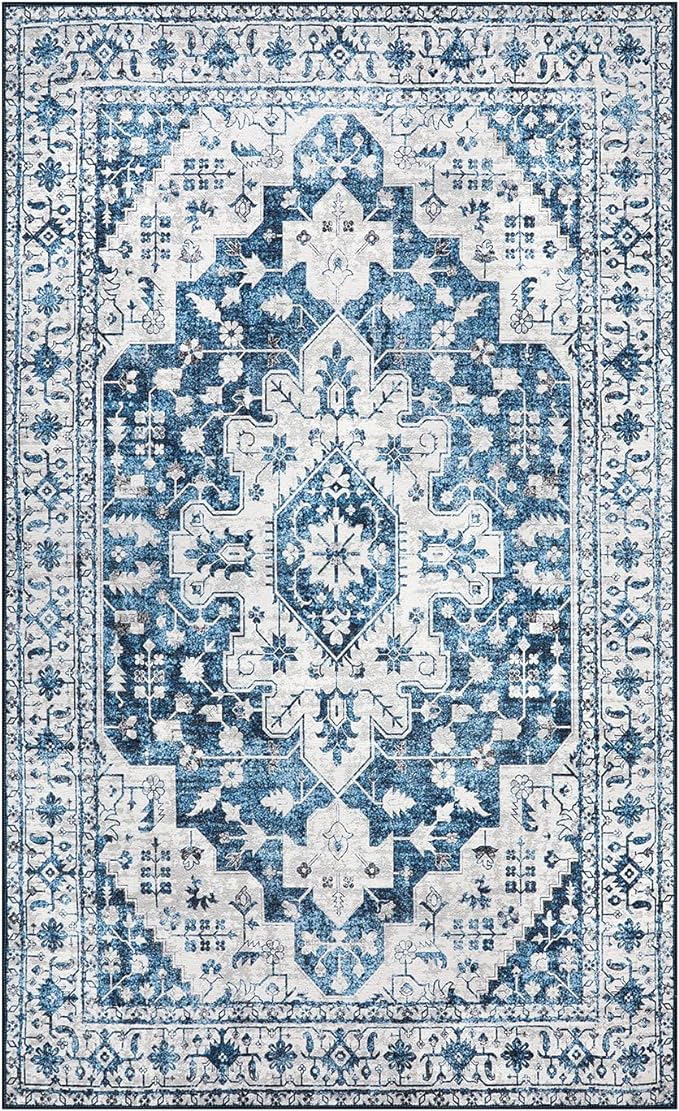 Moynesa Ultra-Thin Washable Area Rug - 3x5 Blue Kitchen Rugs Washable Rugs for Entryway Non Slip Front Door Mat, Non Shedding Low Pile Lightweight Indoor Carpet for Dorm Basement Foyer Living Room