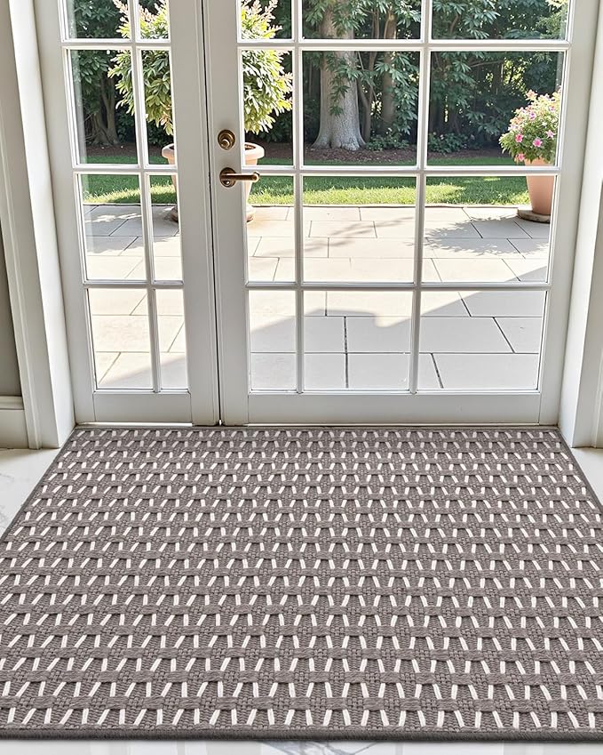 LUMI Handwoven Indoor Door Mat 17"x30", Non-Slip Low Profile Checkered Inside Doormat, Comfort Weave Grid Pattern Floor Mats, Taupe