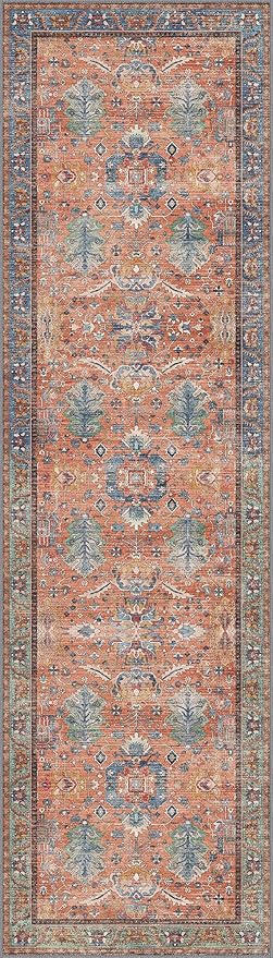 Bavni Runner Rug, Machine Washable Rugs for Bedroom 2x10, Non Slip Boho Rugs with Rubber Backing, Ultra-Thin Folable Rug Runner for Hallways Bathroom, Terracotta/Blue