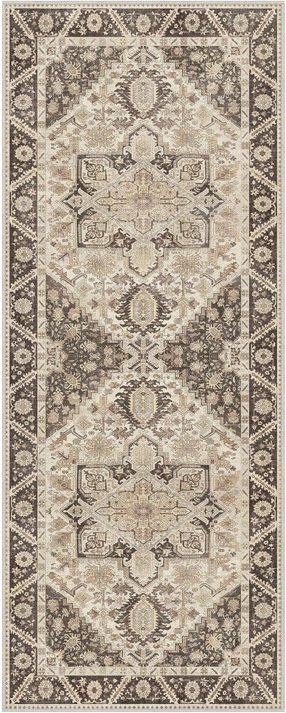 2x5 Runner Rug Machine Washable Boho Runners for Hallway,Ultra-Thin Low Pile Rug,Lightweight Indoor Carpet,Non Slip Floral Runners for Enrtyway, Corridor, Home Office, Kitchen,Brown