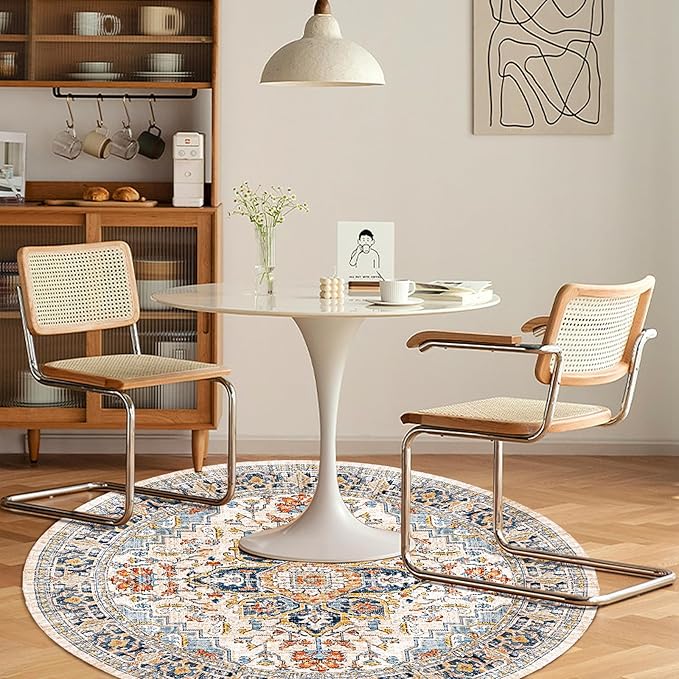VK VK·LIVING Round Washable Rug 5'Ft Vintage Machine Washable Area Rugs with Non Slip Round Rugs for Living Room Bedroom Traditional Woven Carpet Stain Resistant Dining Home Office Boho Rug (Blue)