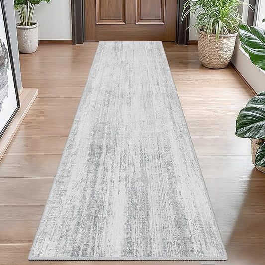 MUJOO Washable Runner Rug 2x8,Modern Abstract Area Rugs for Kitchen Hallways Bedroom Bedside Bathroom Laundry,Non Slip Throw Carpet Long Mat Indoor,Low Pile Accent Neutral Grey