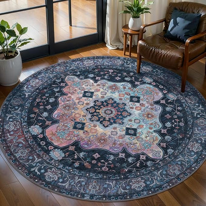 Tangsoo Vintage Round Rug 4ft Washable Circle Rug, Non Slip Small Boho Round Rug, Low Pile Circular Rugs, Round Carpet for Bedroom,Entryway,Nursery,Dorm,Kitchen,Taupe