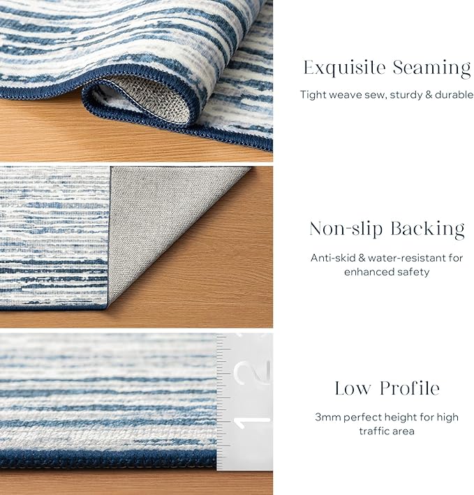 Phantoscope Washable Area Rug 4'x6' Non-Slip, Modern Neutral Boho Rugs for Living Room, Bedroom, DiningRoom, Distressed Geometric Rectangle Pattern, Low-Pile Foldable Floor Carpet, Coastal Blue/Grey