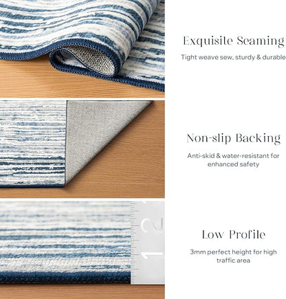 Phantoscope Washable Area Rug 4'x6' Non-Slip, Modern Neutral Boho Rugs for Living Room, Bedroom, DiningRoom, Distressed Geometric Rectangle Pattern, Low-Pile Foldable Floor Carpet, Coastal Blue/Grey