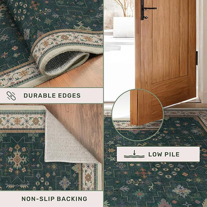 Dark Green Oushak 5x7 Living Room Rug - Modern Vintage Boho Eclectic Floral Pastel, Washable Low Pile Non-Slip Large Area Rugs for Nursery Dining Under Table Bedroom Lounge