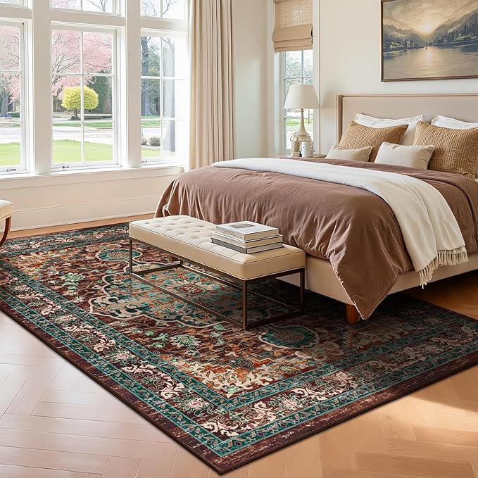 U'Artlines Christmas Boho Vintage Area Rug 5x7 Machine Washable Low Pile Ultra-Thin Soft Floor Carpet Non Slip Non Shedding Accent Rug for Living Room Bedroom Entryway Dining Room Office(Rust＆Teal)