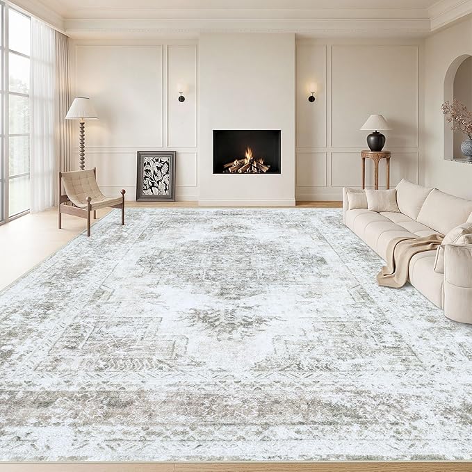 Area Rug 10x12 Living Room Rugs, Machine Washable Vintage Distressed Medallion Rug Non-Slip Soft Low Pile Large Indoor Rugs for Bedroom Kitchen Dining Room Office(Taupe,10'x12')
